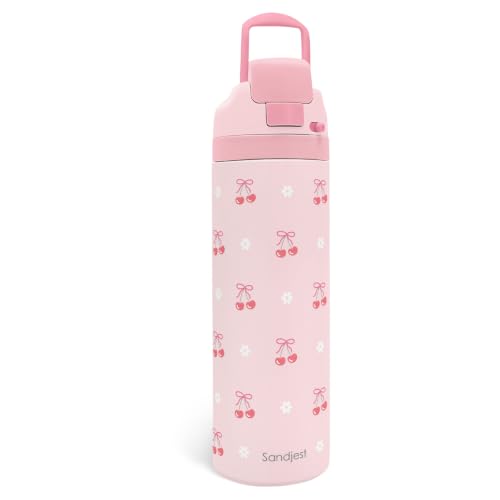 Cherry Insulated Stainless Steel Water Bottle with Straw for Sports and Travel 24 Ounces for Women Girls Friends Teens Birthday