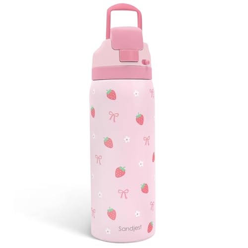 Strawberry Bow Insulated Stainless Steel Water Bottle with Straw for Sports and Travel