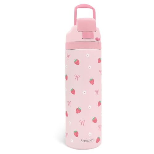 Strawberry Insulated Stainless Steel Water Bottle with Straw for Sports and Travel 24 Ounces for Women Girls Friends Teens Birthday
