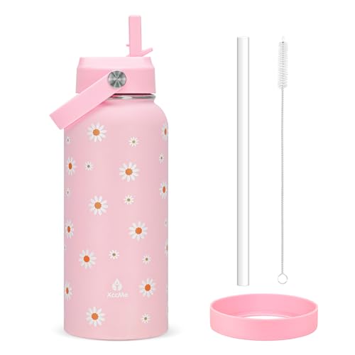 32oz Pink Daisy Insulated Water Bottle for Women with Straw