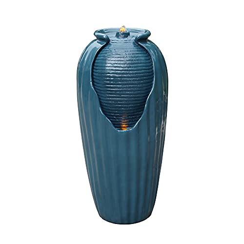 32 in. Outdoor Contemporary Glazed Contoured Vase Water Fountain with LED Lights to Create a Calming Oasis in Gardens and Landscaping