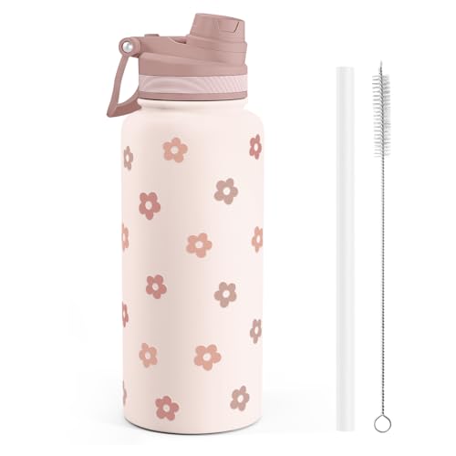 Beige Daisy Stainless Steel Water Bottle with Strap 32oz