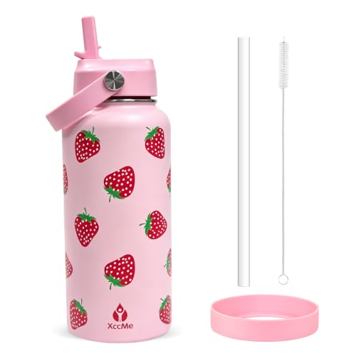 32oz Strawberry Insulated Water Bottle for Women with Straw