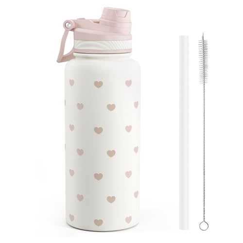 Beige Heart Stainless Steel Water Bottle with Strap 32oz