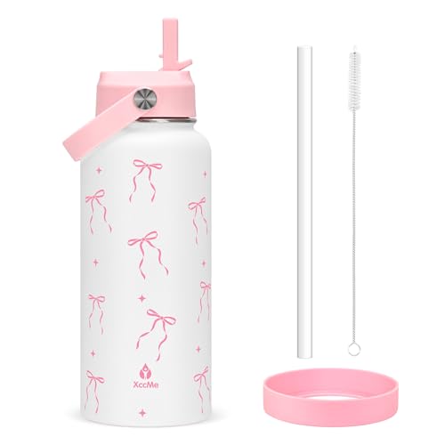 32oz Pink Bow Gift Insulated Water Bottle for Women with Straw