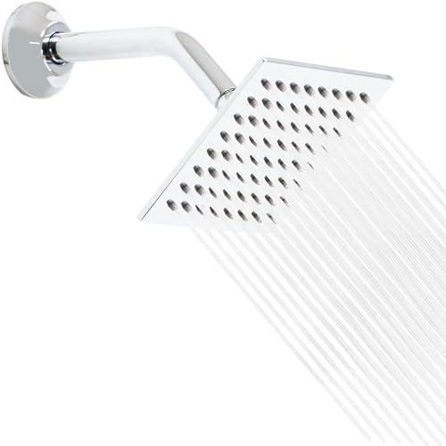6 Inch Square Shower Head Stainless Steel High Pressure Rain Shower Heads with Extension Arm Adjustable Angle Replacement Luxury Shower Head for Modern Bathroom