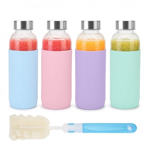 16 oz Glass Water Bottles with Lids and Silicone Sleeve 4 Pack