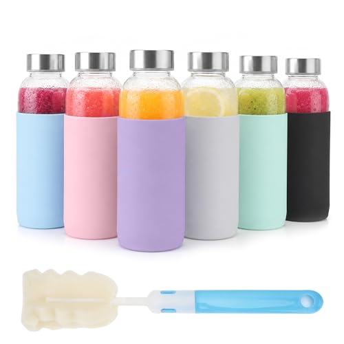 16 oz Glass Water Bottles with Lids and Silicone Sleeve 6 Pack