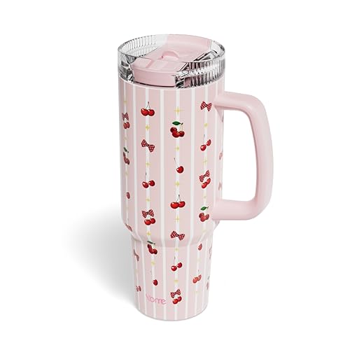 DetaClean 40oz Stripe Cherry Pink Tumbler with Handle and Flip Straw for Women