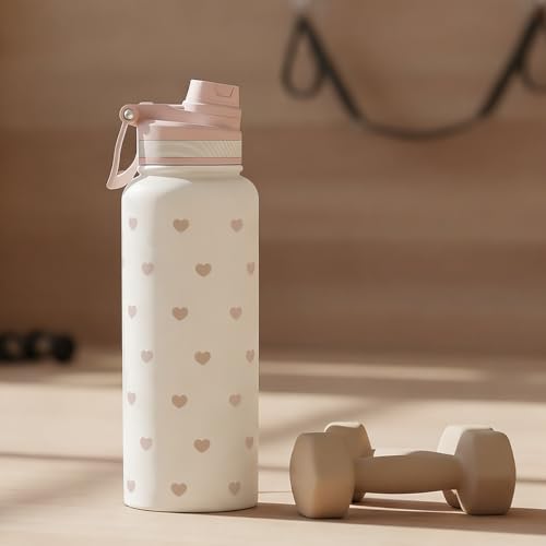 Beige Heart Stainless Steel Water Bottle with Strap 32oz