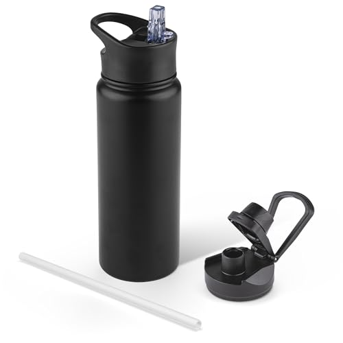 24 oz Insulated Water Bottle with Straw Lid & Wide Mouth Lids