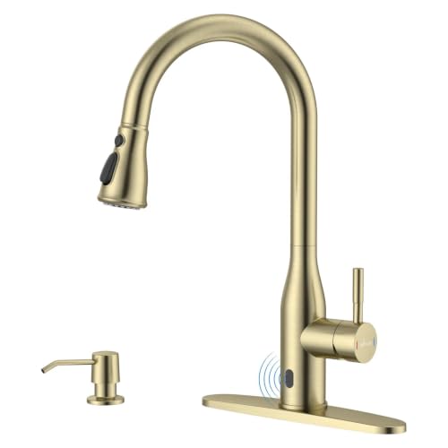 Gold Touchless Kitchen Sink Faucet with Soap Dispenser and Sprayer