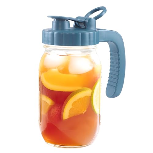 Mason Jar Pitcher 32 OZ With Pour Spout Lids 1 Quart Wide Mouth Water Pitcher Airtight And Leakproof Glass Carafe With Handle And Flip Cap For Milk