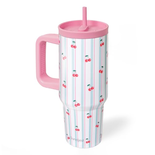 Cherry Stainless Steel Locking Lid Silicone Straw Tumbler with Handle 40oz