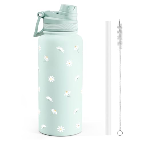 Mint Daisy Stainless Steel Water Bottle with Strap 32oz