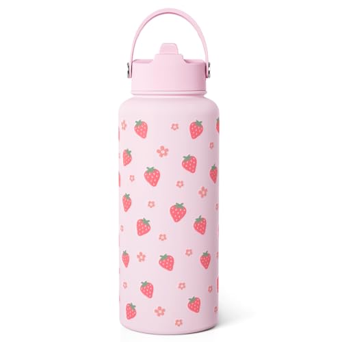 Strawberry Water Bottle 32oz Stainless Steel with Lid & Straw