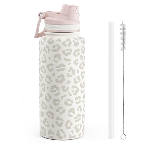 Beige Leopard Skin Stainless Steel Water Bottle with Strap 32oz