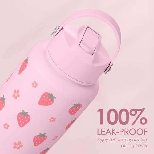 Strawberry Water Bottle 32oz Stainless Steel with Lid & Straw
