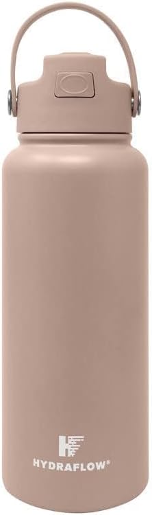 Hydraflow Hybrid - Triple Wall Vacuum Insulated Water Bottle with Flip Straw (34oz, Khaki) Stainless Steel Metal Thermos, Reusable Leak Proof BPA-FREE for Sports and Travel