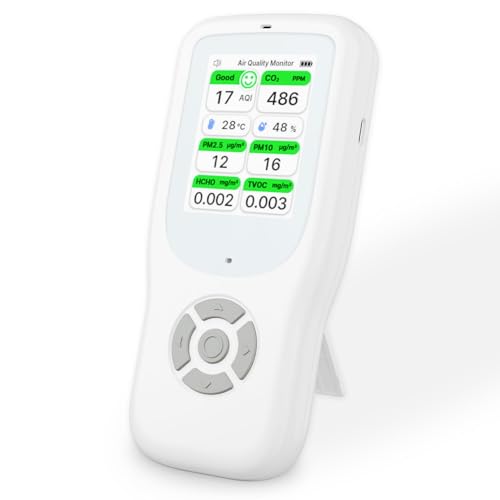 11-in-1 Air Quality Monitor - Portable Indoor Air Quality Detector with Stand, Real-Time Test for AQI, CO2, PM2.5, PM1.0, PM10, TVOC, HCHO, Particles, Humidity & Temperature