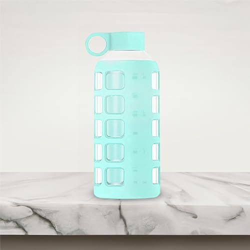 40oz / 32oz / 22oz / 12oz Borosilicate Glass Water Bottle with Time & Volume Markers, Silicone Sleeve, Stainless Steel Lid | Reusable Glass Bottle for Water & Juice (22oz Glow-in-the-Dark) (4 Count)