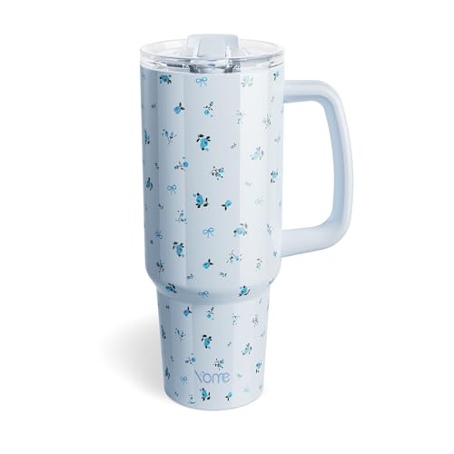 40oz Blue Floral Tumbler with Handle and Flip Straw