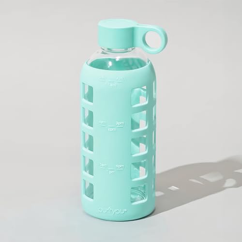 40oz / 32oz / 22oz / 12oz Borosilicate Glass Water Bottle with Time & Volume Markers, Silicone Sleeve, Stainless Steel Lid | Reusable Glass Bottle for Water & Juice (22oz Glow-in-the-Dark) (4 Count)