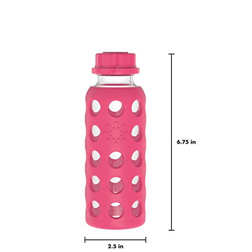 9-Ounce BPA-Free Glass Water Bottle with Flat Cap and Silicone Sleeve, Raspberry