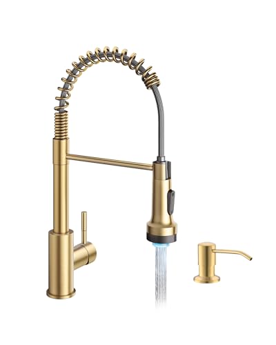 Gold LED Kitchen Faucet with Soap Dispenser and Pull Down Sprayer