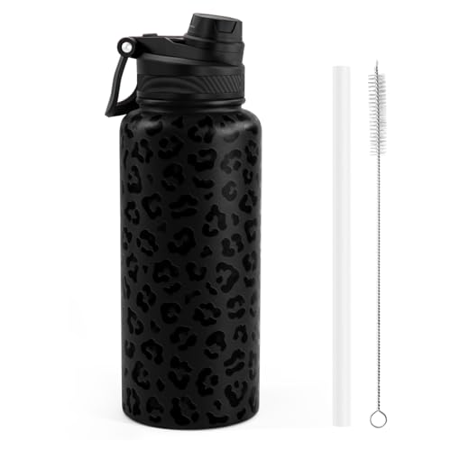 Black Leopard Skin Stainless Steel Water Bottle with Strap 32oz