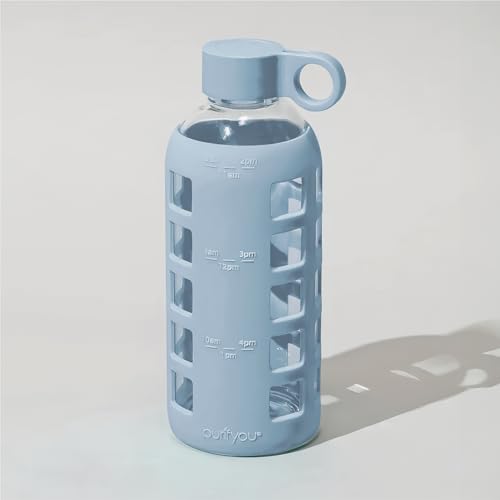 40oz / 32oz / 22oz / 12oz Borosilicate Glass Water Bottle with Time & Volume Markers, Silicone Sleeve, Stainless Steel Lid | Reusable Glass Bottle for Water & Juice (22oz Ice Blue)