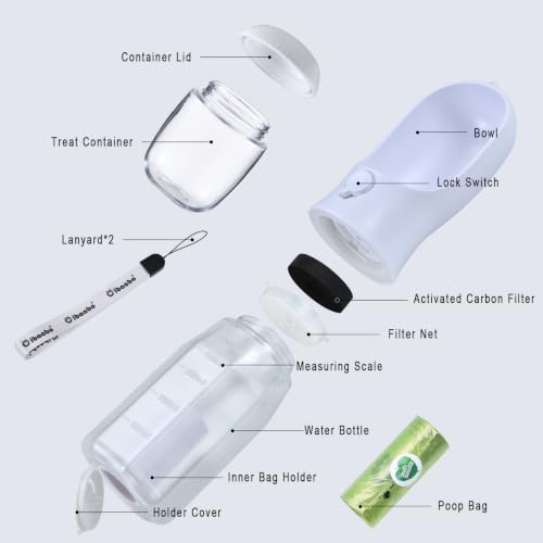 Dog Water Bottle with Food Container & Poop Bag Holder & Filter