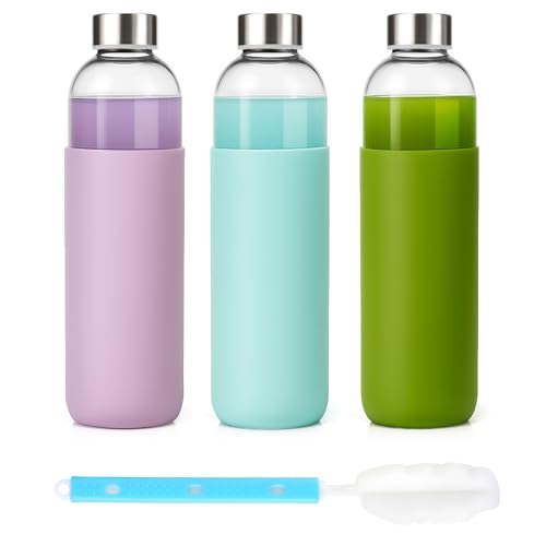 32 oz Glass Water Bottles with Lids and Silicone Sleeve 3 Pack