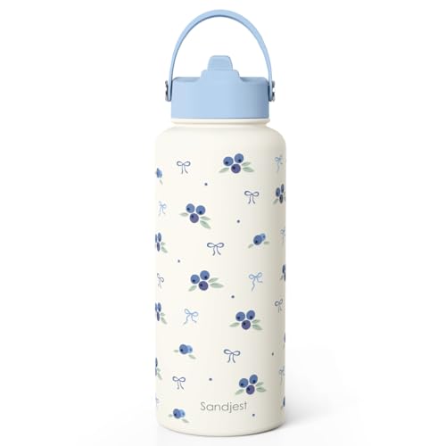 Blueberry Water Bottle Stainless Steel 32oz with Lid & Straw