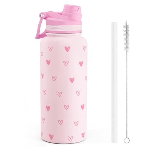 Pink Heart Stainless Steel Water Bottle with Strap 32oz