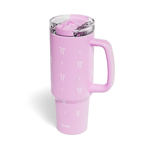 DetaClean 40oz Elegant Bow Pink Tumbler with Handle and Flip Straw for Women