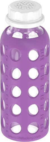 9-Ounce BPA-Free Glass Water Bottle with Flat Cap and Silicone Sleeve, Grape