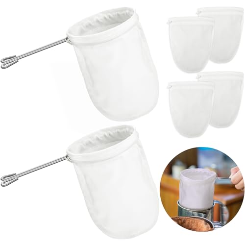 4 Pieces 5.5 Inch Ultra Fine Mesh Strainer Bags Reusable Filter with 2 Stainless Steel Frame with Handle for Filter Nut Milk Coffee Tea Traditional Thai Butter Bag Juices and Fresh Cheese Cotton