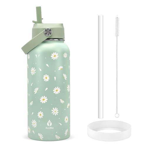 32oz Green Daisy Insulated Water Bottle for Women with Straw