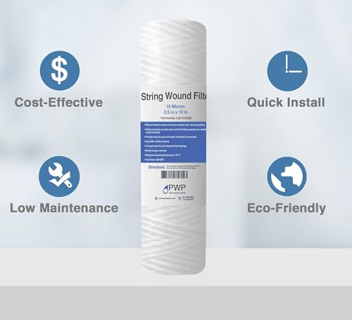 String Wound Sediment Water Filter Cartridge Standard 2.5x10" 10 Micron 25 Pack (25 Count)