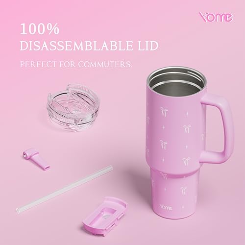 DetaClean 40oz Elegant Bow Pink Tumbler with Handle and Flip Straw for Women