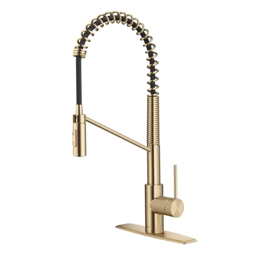 Oletto Commercial Style Single Handle Pull Down Kitchen Faucet with QuickDock Top Mount Installation Assembly in Spot Free Antique Champagne Bronze