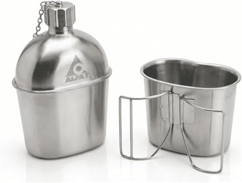 Military Stainless Steel Canteen & Kidney Style Cup for Hiking