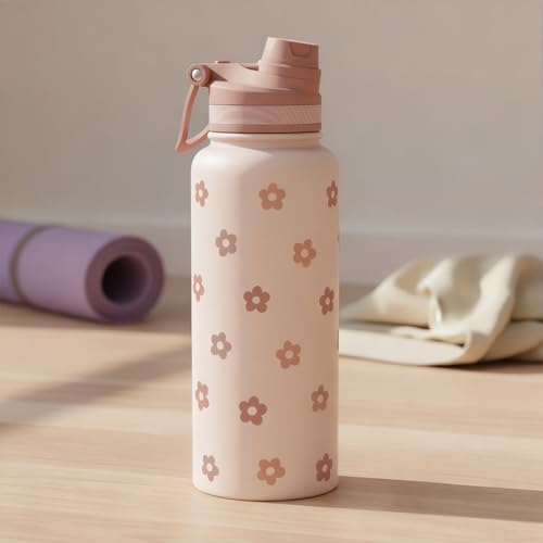 Beige Daisy Stainless Steel Water Bottle with Strap 32oz