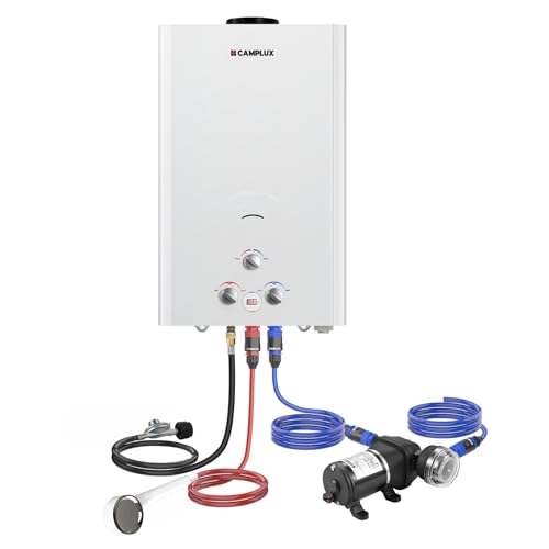 CAMPLUX 4.22GPM Propane Water Heater with 3.3 GPM Water Pump & Pipe Strainer