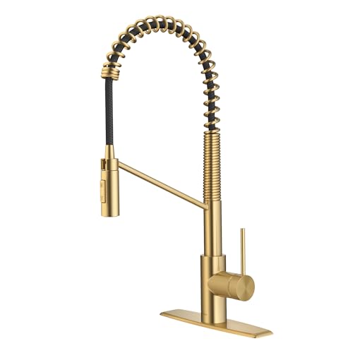 Oletto Commercial Style Single Handle Pull Down Kitchen Faucet with QuickDock Top Mount Installation Assembly in Brushed Brass