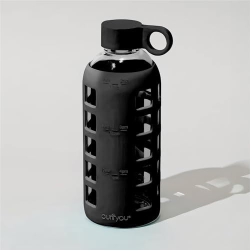 40oz / 32oz / 22oz / 12oz Borosilicate Glass Water Bottle with Time & Volume Markers, Silicone Sleeve, Stainless Steel Lid | Reusable Glass Bottle for Water & Juice (22oz Jet Black)