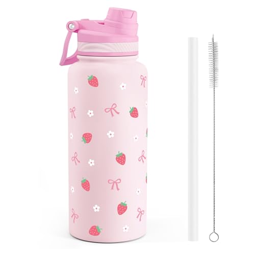 Strawberry Stainless Steel Water Bottle with Strap 32oz