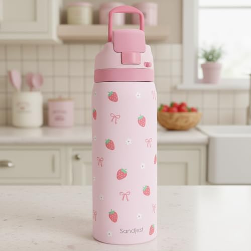 Strawberry Bow Insulated Stainless Steel Water Bottle with Straw for Sports and Travel