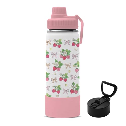 18oz Strawberry Water Bottle with 2Lids